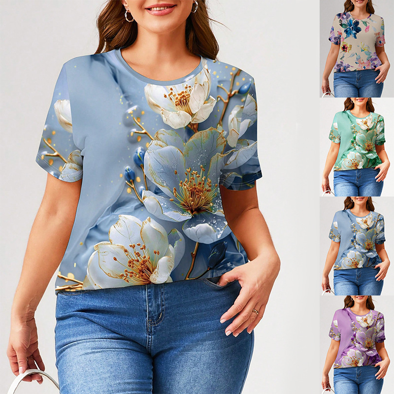 New Arrival Fashionable Casual Floral Print Crew-Neck T-Shirt Top With Short Sleeves For Women