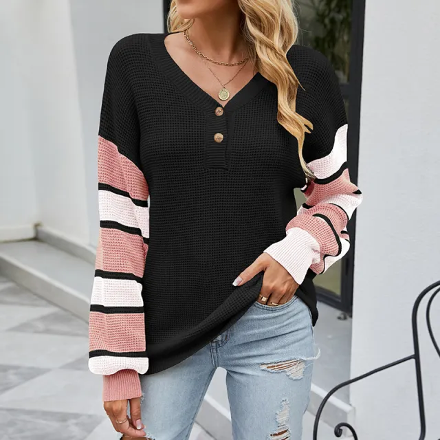Striped Open front Button knit Lantern Sleeve Sweater Women Black - Shop at LoveMi
