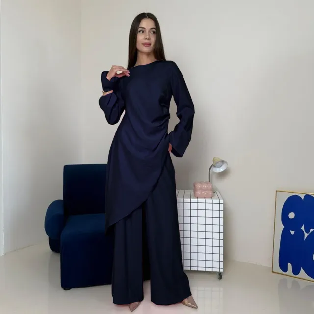 Women's Solid Color Casual East Long Shirt Two piece Pants Blue - Shop at LoveMi