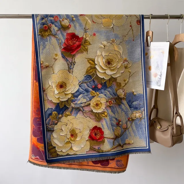 Autumn And Winter New Cashmere like Thickened Oil Painting Jacquard Scarf Gsj270 Flowers Yellow - Shop at LoveMi
