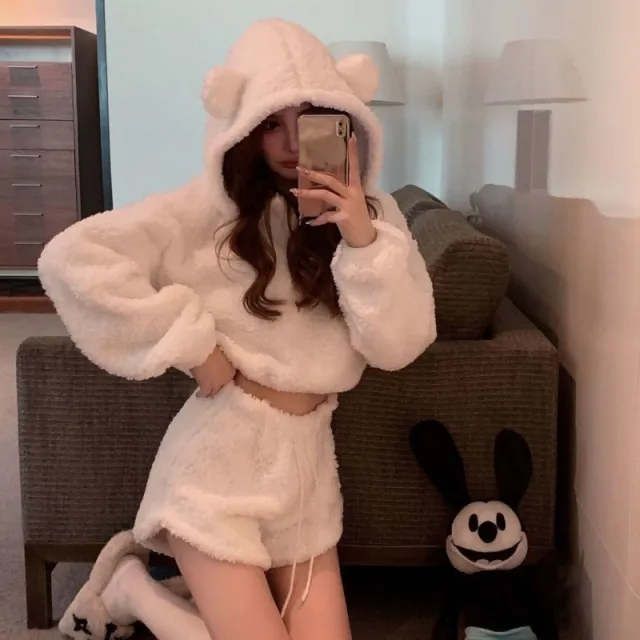 Retro Thick Short High Waist Bear Hooded Top White - Shop at LoveMi