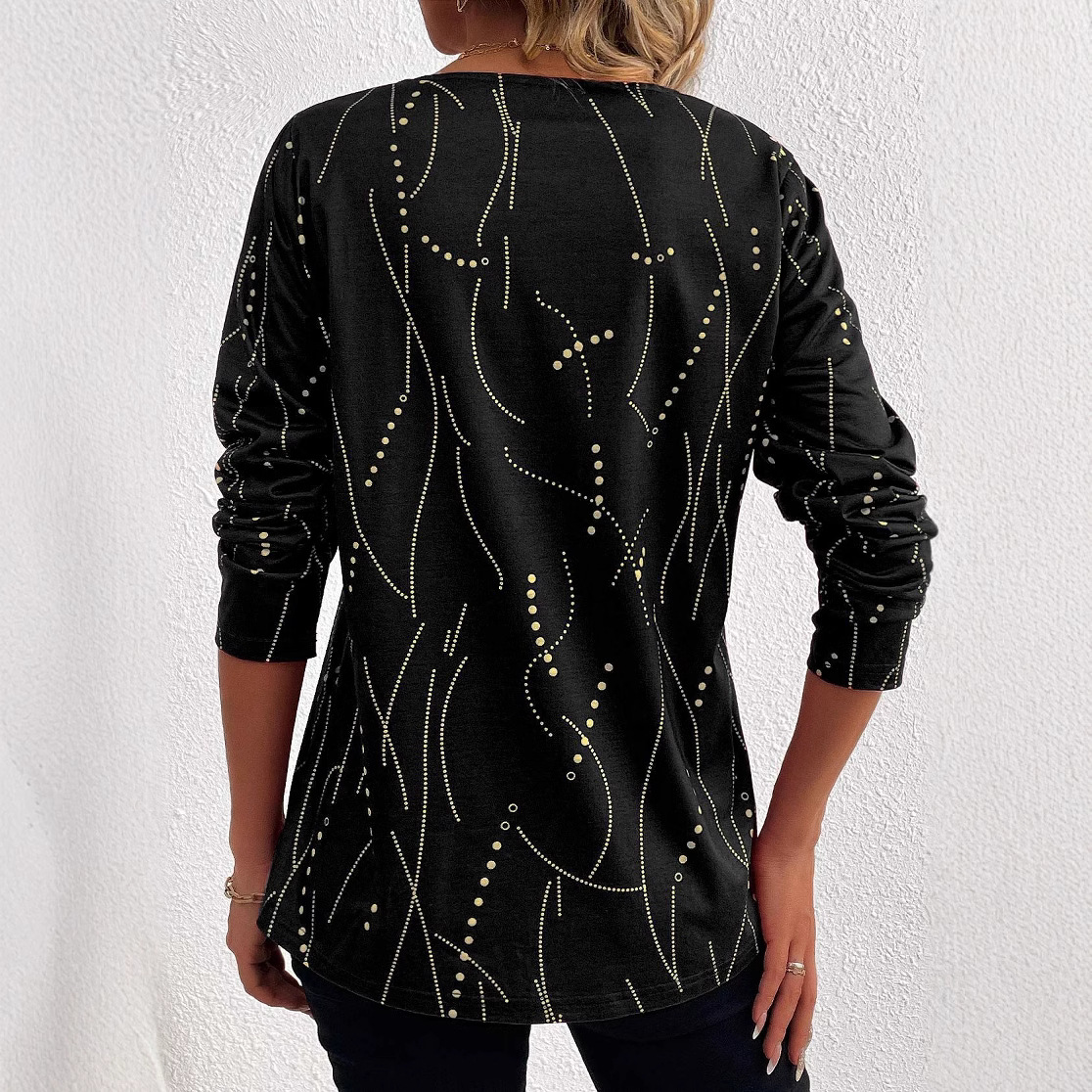 Casual Button Geometric Printed Long-sleeved T-shirt