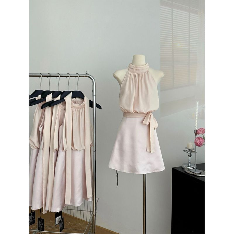 Fashion-forward Look Of A Smooth Satin Patchwork Workwear Halter Dress