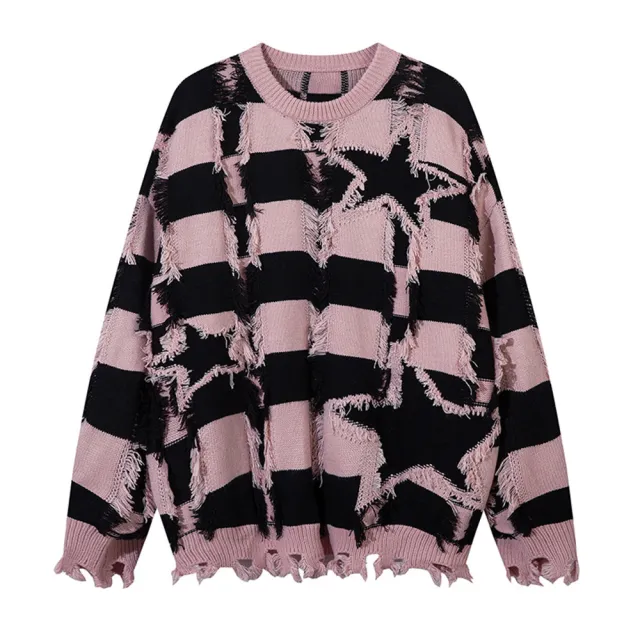 Loose Striped Ripped Round Neck Sweater Pink - Shop at LoveMi