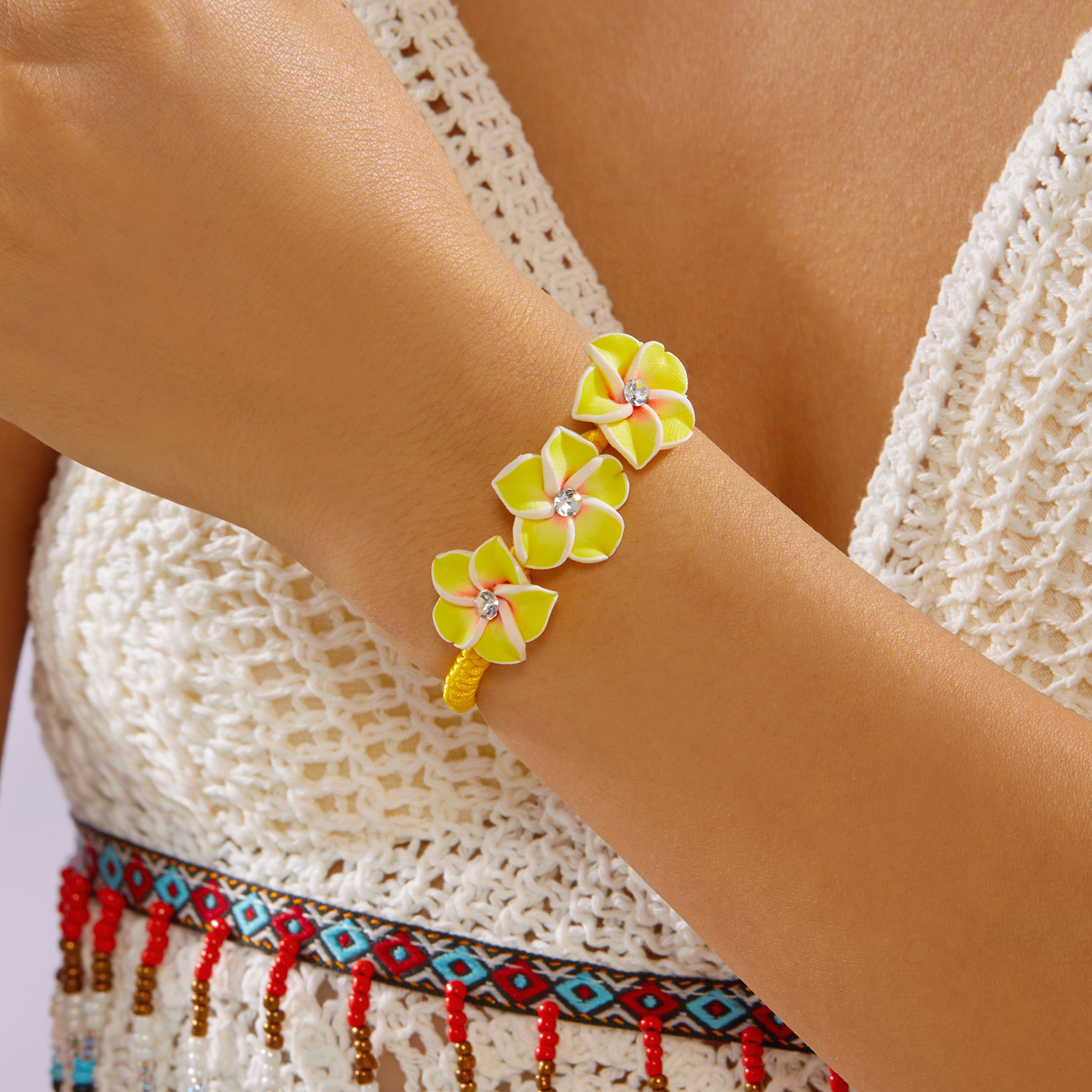 Colorful Polymer Clay Cute Frangipani Seed Bead Bracelet