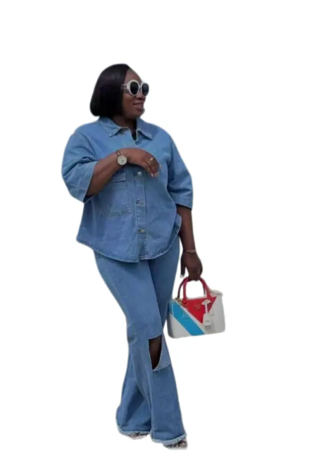 Personality Shirt Top Ripped Denim Trousers Two piece Set Light Blue - Shop at LoveMi