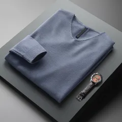 Men's Solid Colour And V-neck Sweater Men's Autumn And Winter - Blue - View 1