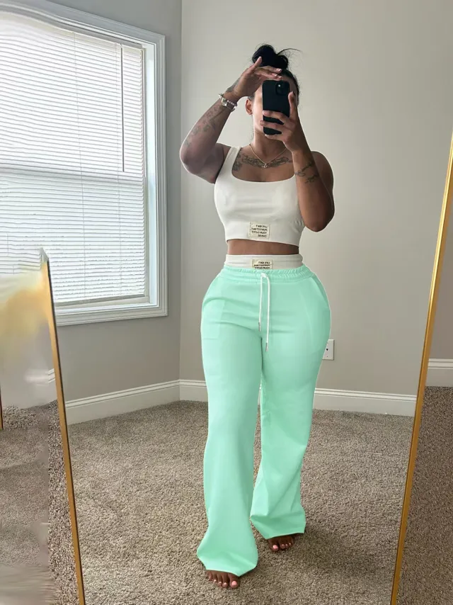 Womens Casual Contrasting Color Layered Loose Sporty Pants Set Green - Shop at LoveMi