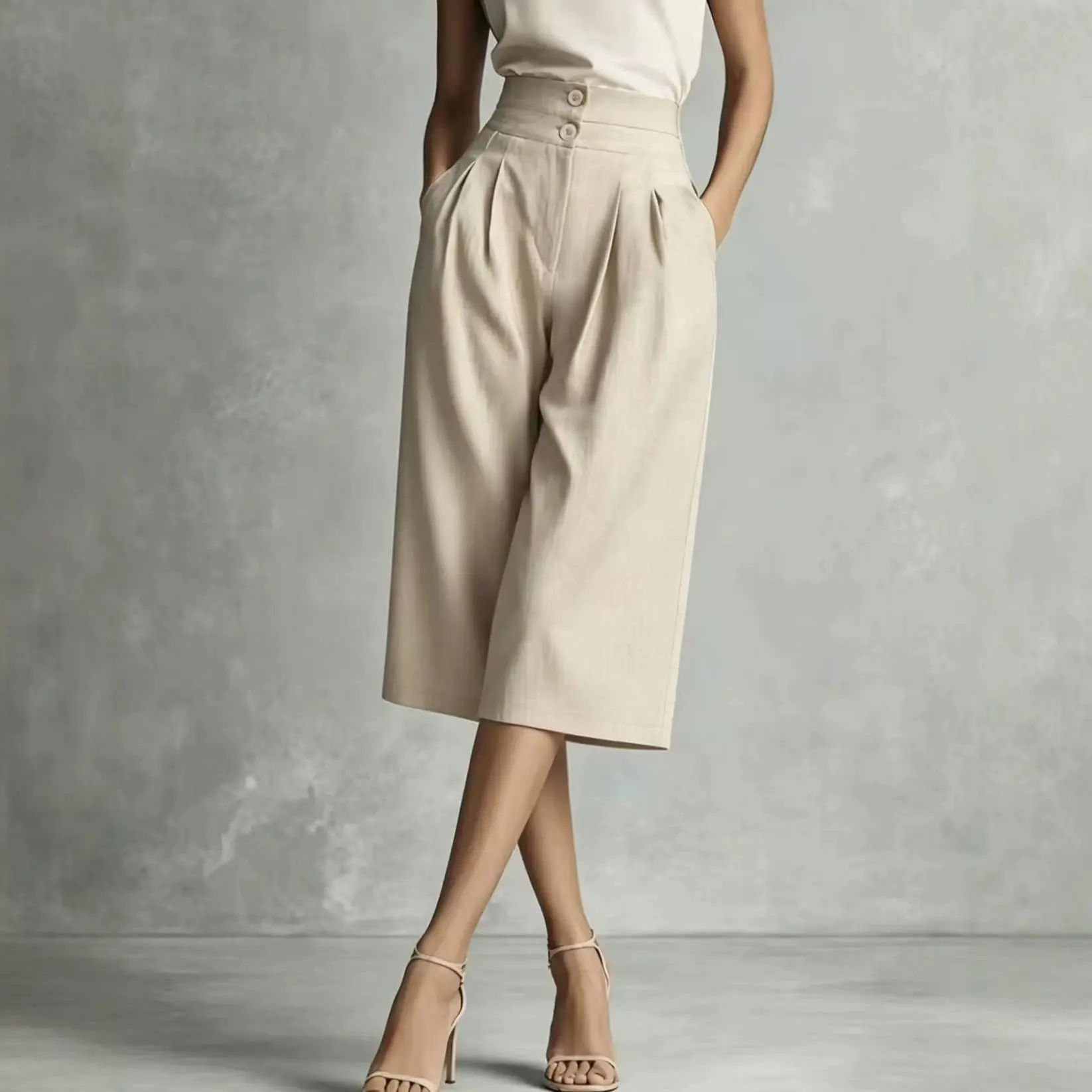 Khaki Suit Wide-leg Cropped Pants Versatile
