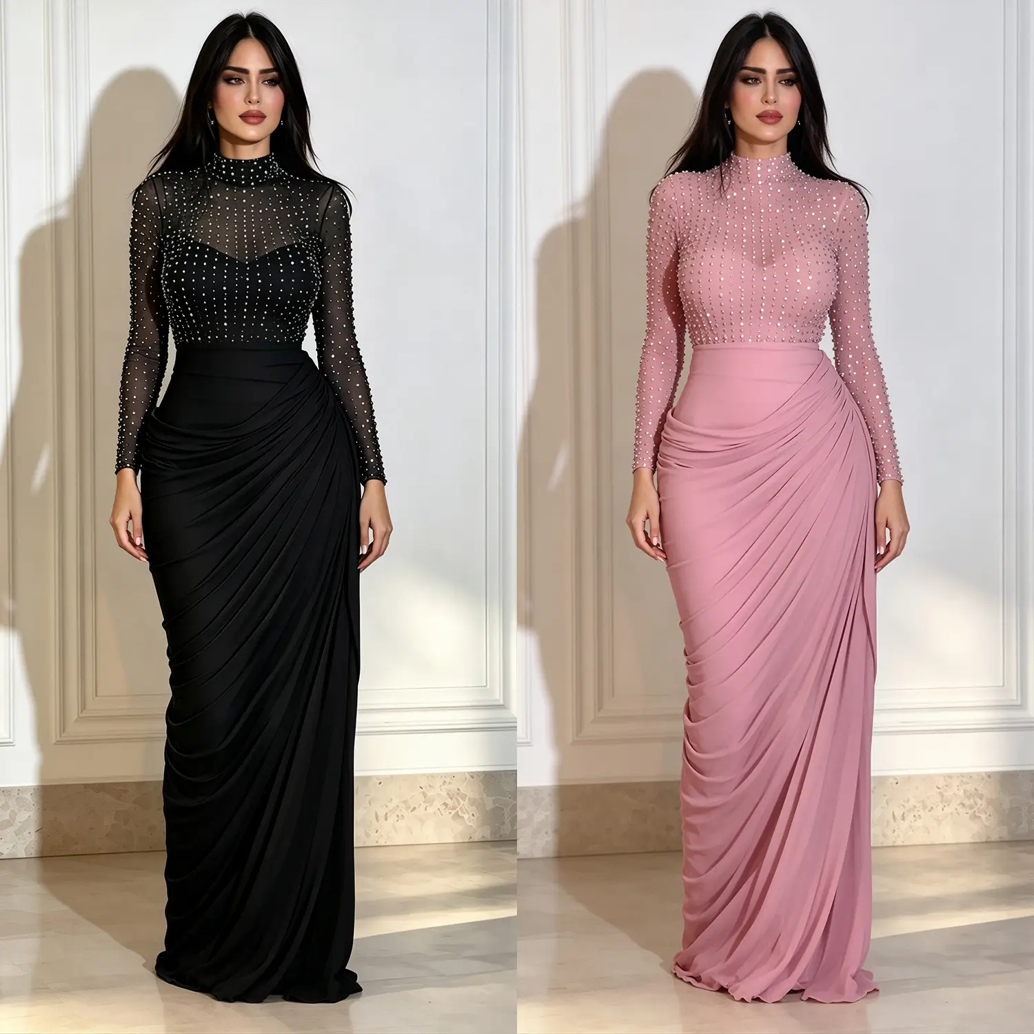 Mesh Long-sleeve Pleated Bodycon Sheath Dress