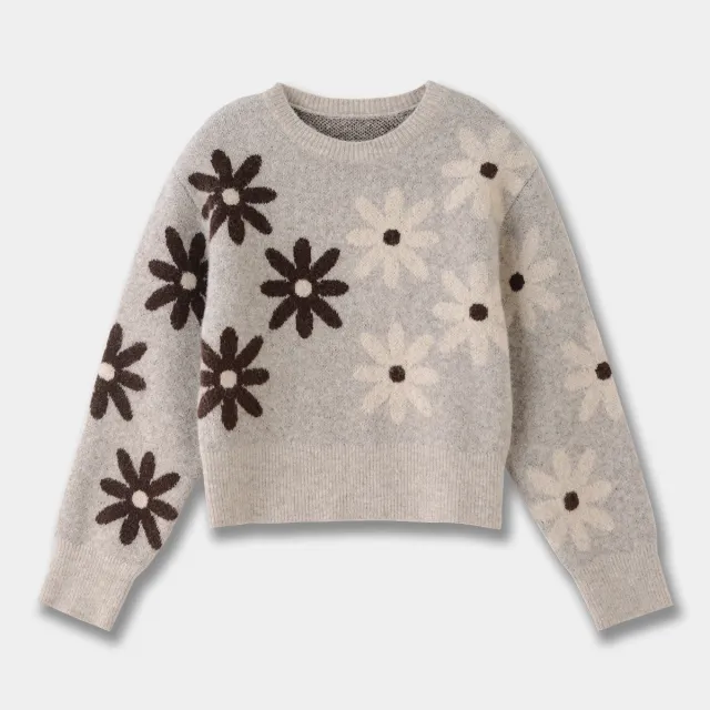 French Style Color contrasting Pattern Round Neck Wool Sweater Light Camel - Shop at LoveMi
