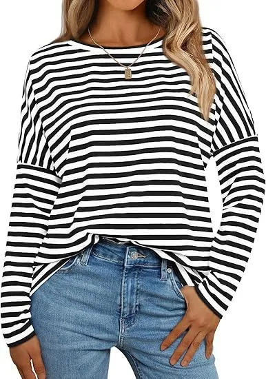 Women's Long sleeved Round Neck T shirt Striped Contrast Color Black Stripes - Shop at LoveMi