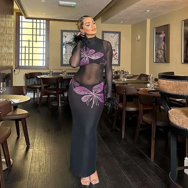 Butterfly Rhinestone Long Sleeve Dress Black - Shop at LoveMi