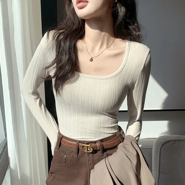 Big U neck T shirt Women's Bottoming Shirt Long Sleeve Apricot - Shop at LoveMi