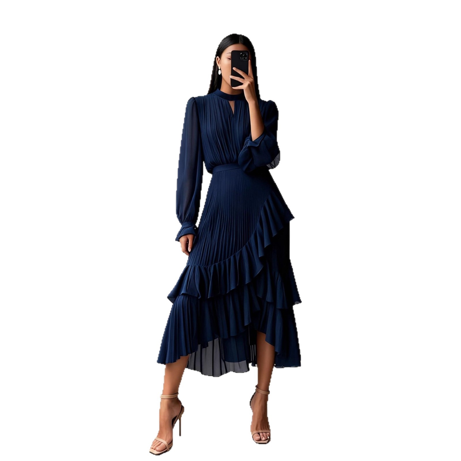 Ruffled Pleated Midi Dress For Women Dark Blue - Shop at LoveMi