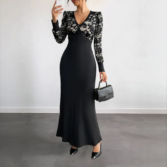 Retro V neck Lace Stitching Long Sleeve Dress Black - Shop at LoveMi