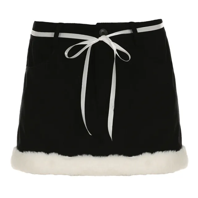 Fur Stitching Contrast Color Low Waist Skirt Lace up Skirt Black - Shop at LoveMi