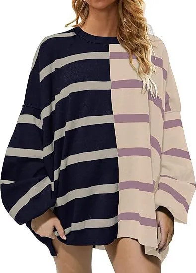 Striped Knitted Long-sleeved Sweater For Women - Navy