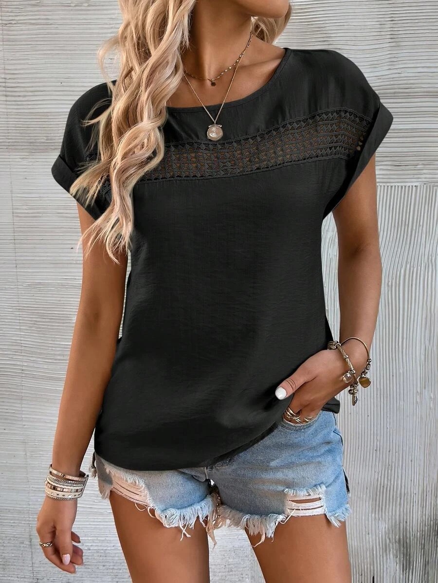 Women's Summer New Casual Solid Color Stitching Lace Top