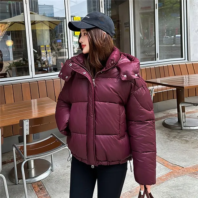 Elegant Fluffy Hooded Cotton Jacket Puffer Jacket Coat Warm Commute Wine - Shop at LoveMi