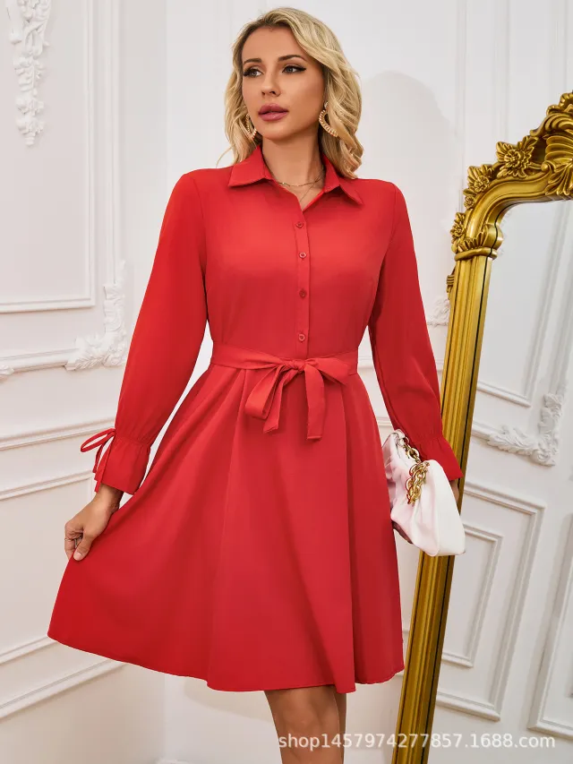 Elegant Red Women's Shirt Dress Solid Color Red - Shop at LoveMi
