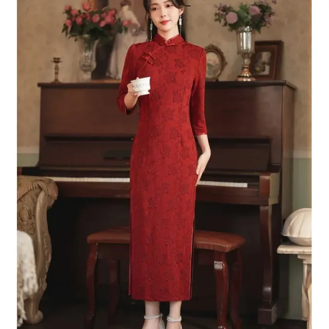 Dark Burgundy Cheongsam Youthful New Chinese style Elegant Long Dress Red - Shop at LoveMi