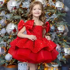 Girl's Princess Dress Red Tulle Tutu Skirt Sequined Bow - Red - View 1