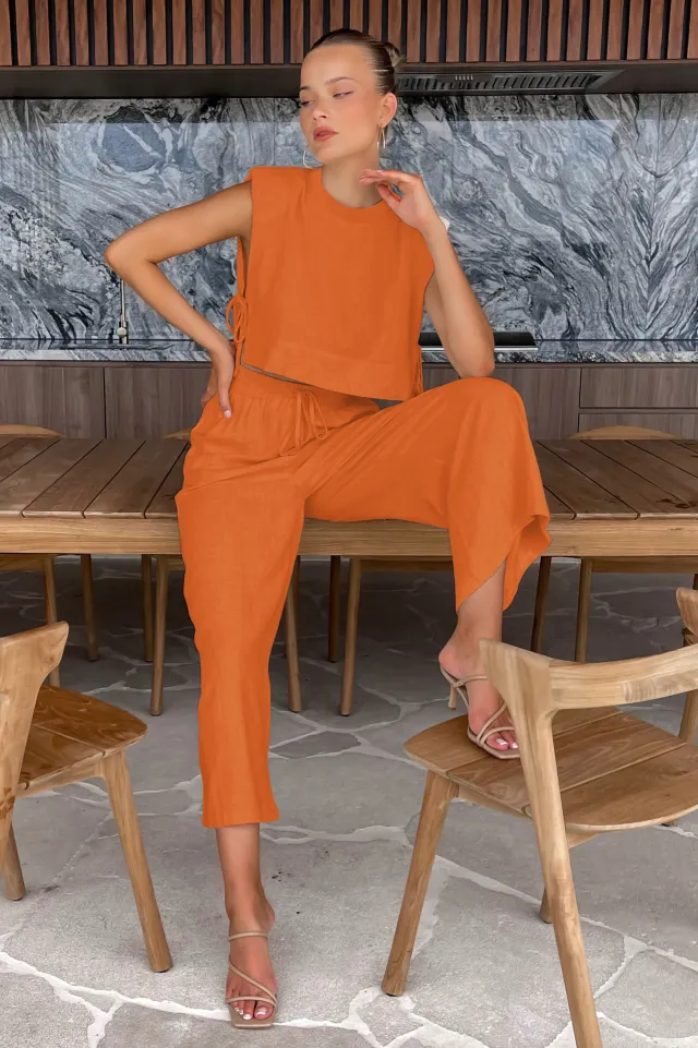 Sleeveless Top And Trousers Fashion Cotton And Linen Suit Women's Clothing Orange - Shop at LoveMi