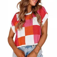 Midriff-baring Short Sleeve Colour Block Round Neck Knitted Checkerboard Plaid Sweater - Red - View 1