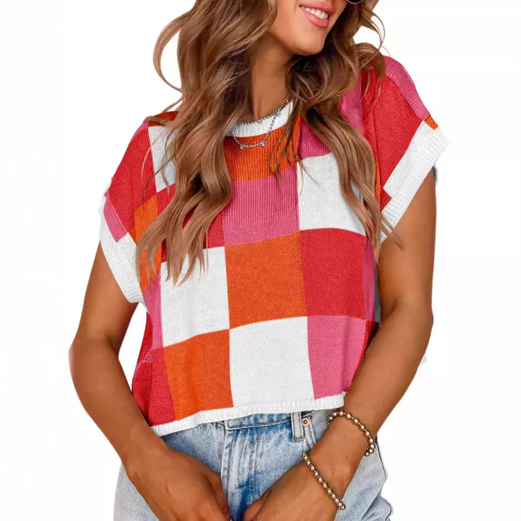 Midriff-baring Short Sleeve Color Block Round Neck Knitted Checkerboard Plaid Sweater - Red
