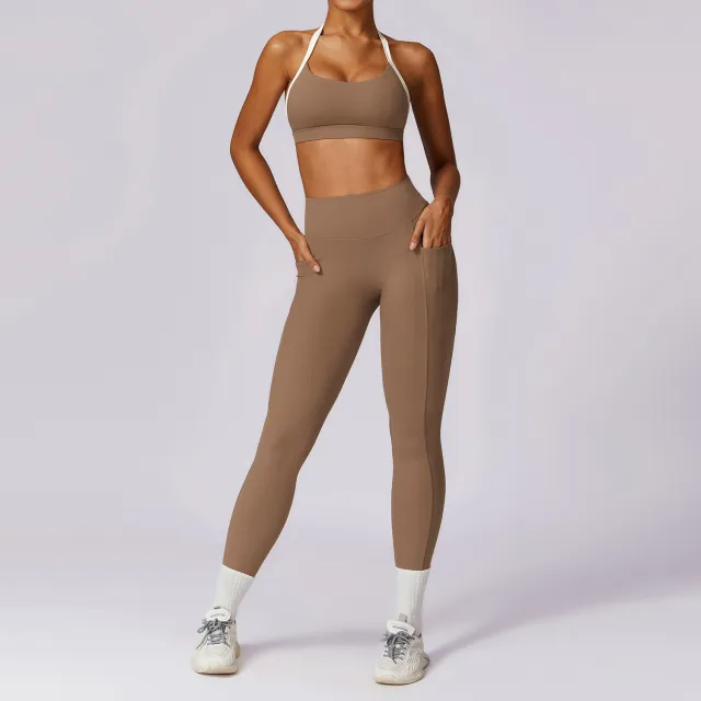 Spring All matching Casual Contrast Color Beauty Back Yoga Clothes Suit Bra Trousers Caramel Mocha M - Shop at LoveMi