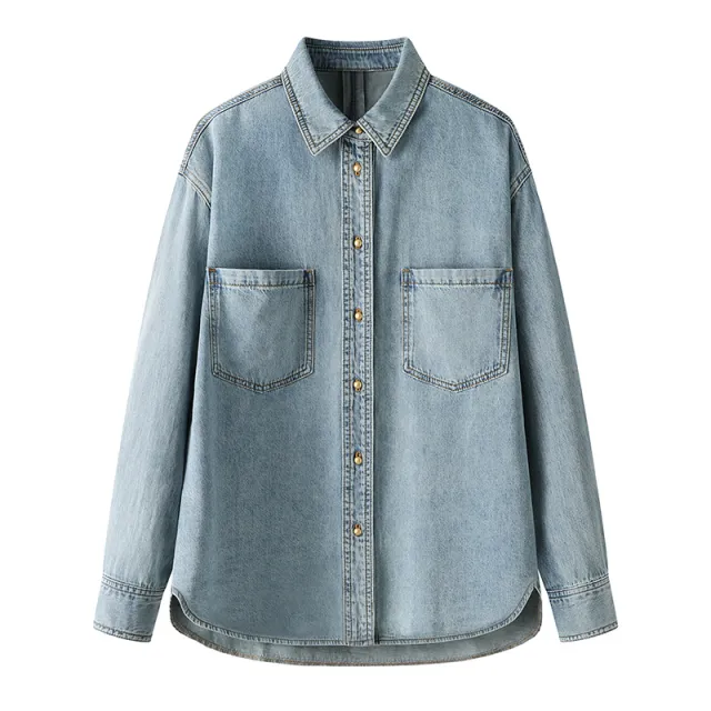Minimalist Basic Commuter Denim Blue Shirt Top Light Blue - Shop at LoveMi