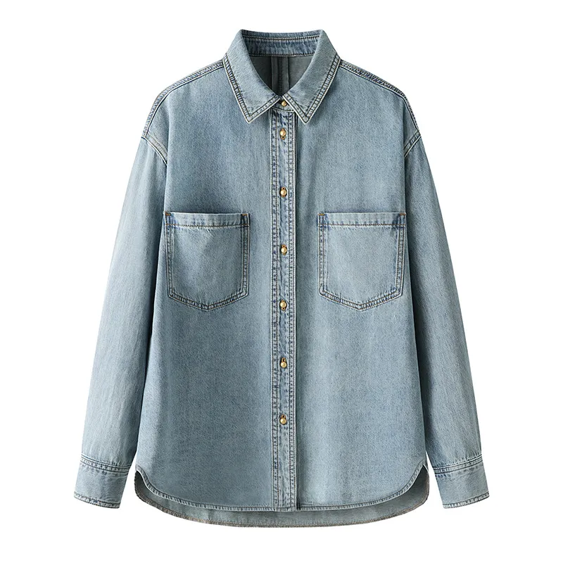 Minimalist Basic Commuter Denim Blue Shirt Top - Light Blue