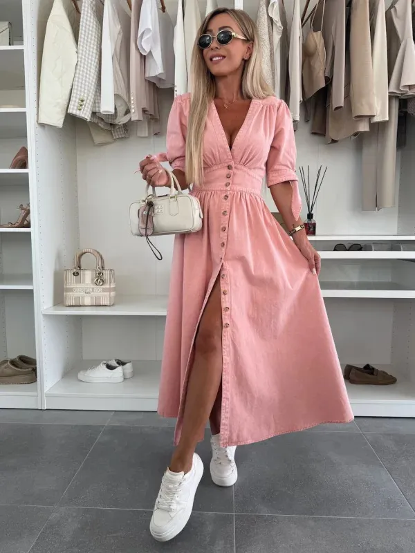 V-neck Short Sleeve Loose Denim Long Button Dress - Pink