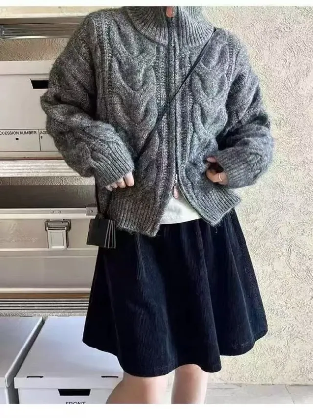 Women's Turtleneck Twist Zipper Cardigan Sweater Gray - Shop at LoveMi
