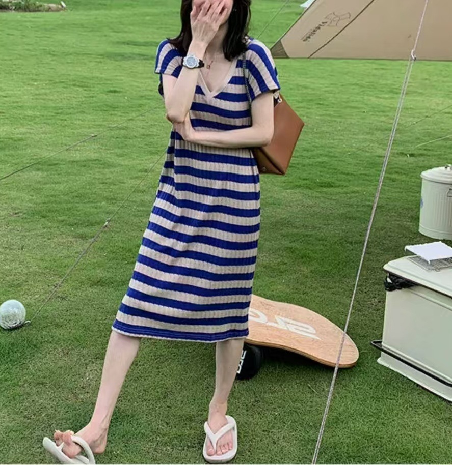 Summer Ice Silk Contrast Color Striped Skirt Loose Slimming Knitted Dress