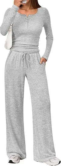 Two piece Set Women's Long sleeve Blouse Wide Leg Pants Fashion Casual Set Oat Gray - Shop at LoveMi