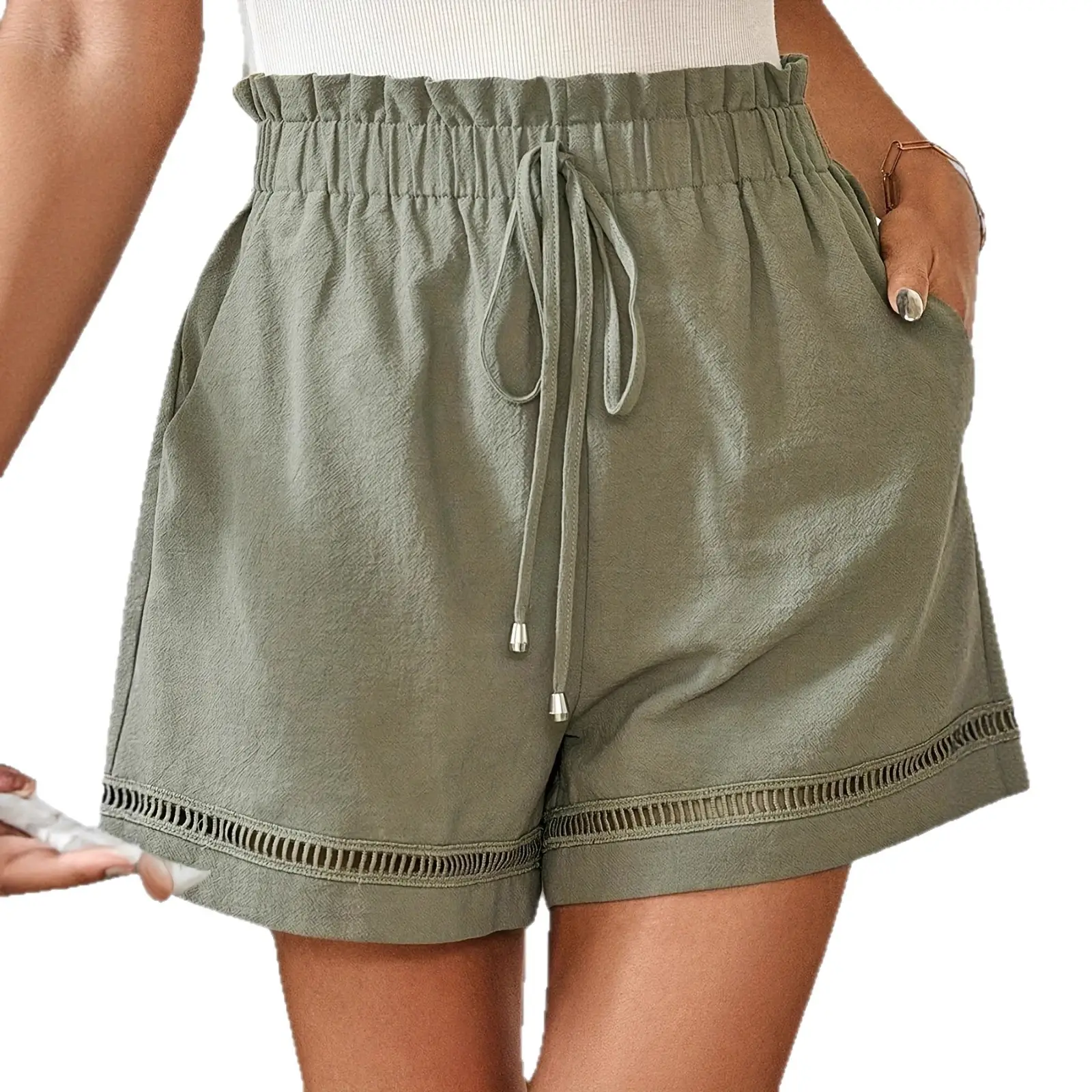 Loose-fitting Cotton Wide-leg Shorts With Drawstring Pockets For Women