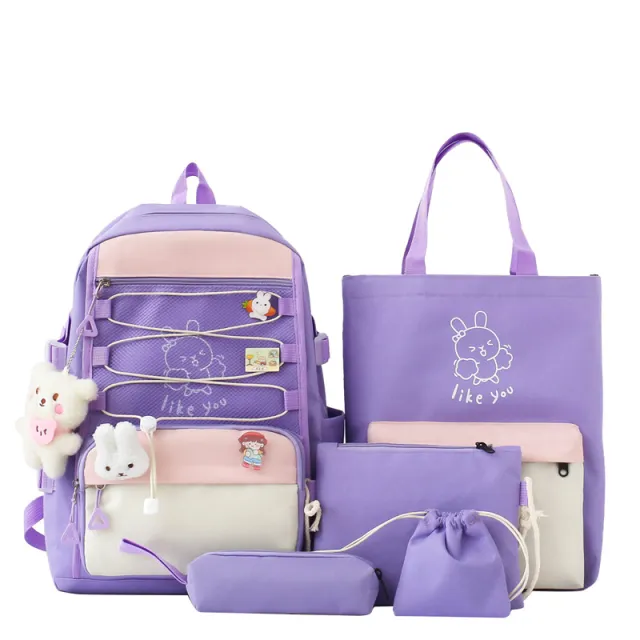 Backpack Lightweight And Large Capacity Student Schoolbag Four piece Set Purple - Shop at LoveMi