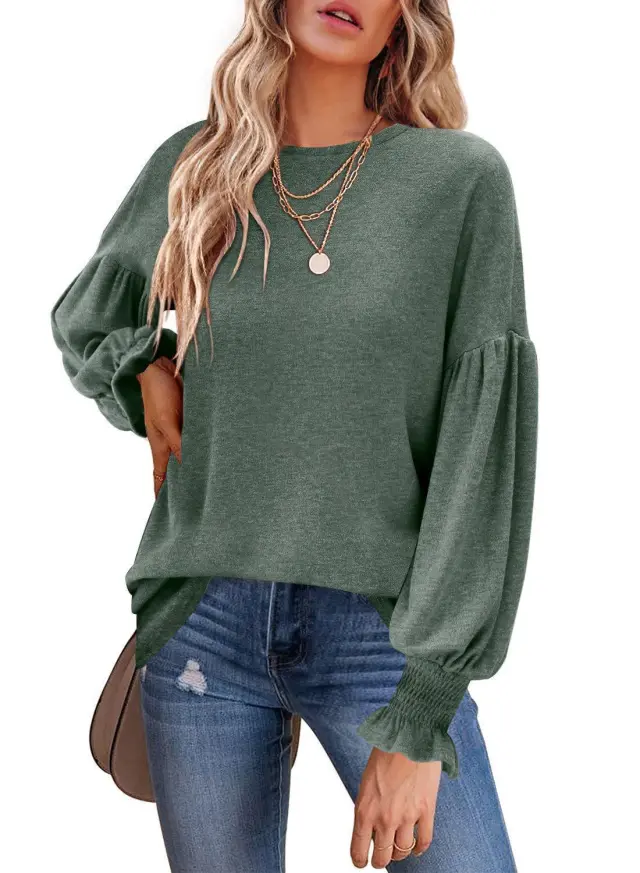 Women's Tops Round Neck Pleated Lantern Sleeve Women's Long European And American T shirt Army Green - Shop at LoveMi