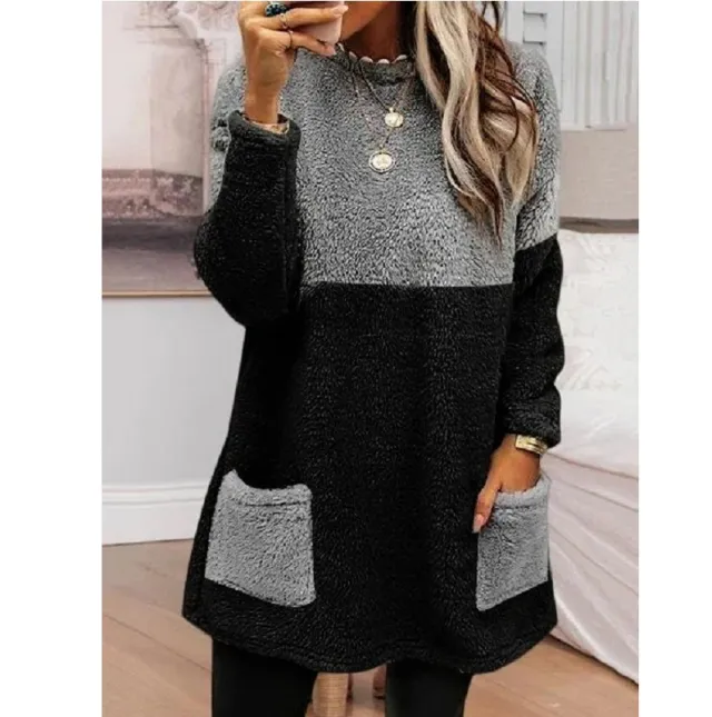 Round Neck Patchwork Pocket Long Sleeve Double sided Velvet Sweatshirt Black - Shop at LoveMi