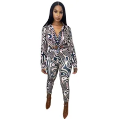 Autumn And Winter New Women's Clothing Fashion Sexy Print Long Sleeve Tight Casual Suit - Blue - View 1