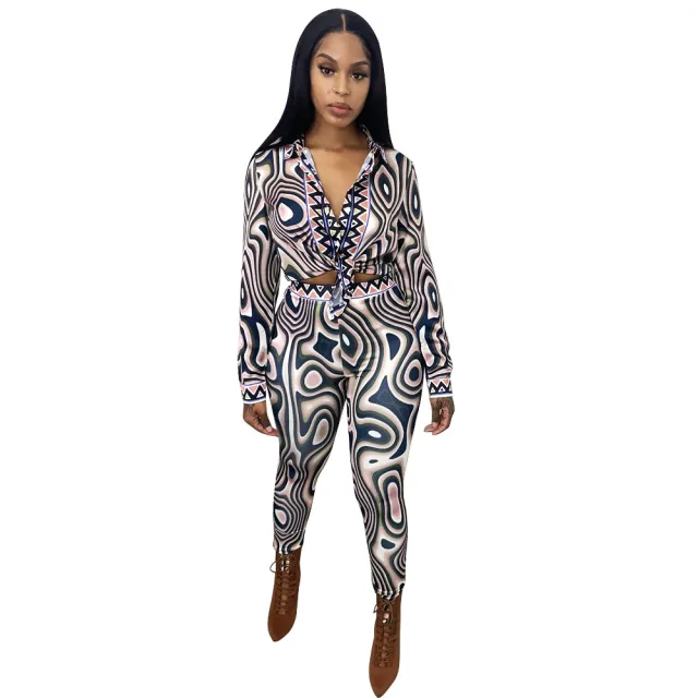 Autumn And Winter New Women's Clothing Fashion Sexy Print Long Sleeve Tight Casual Suit Blue - Shop at LoveMi