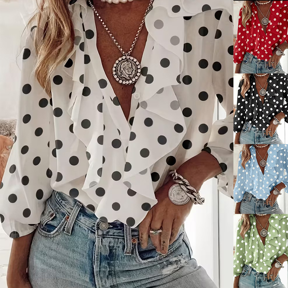 Womens Apricot V-Neck Long-Sleeve Polka-Dot Print Ruffle-Trim Shirt