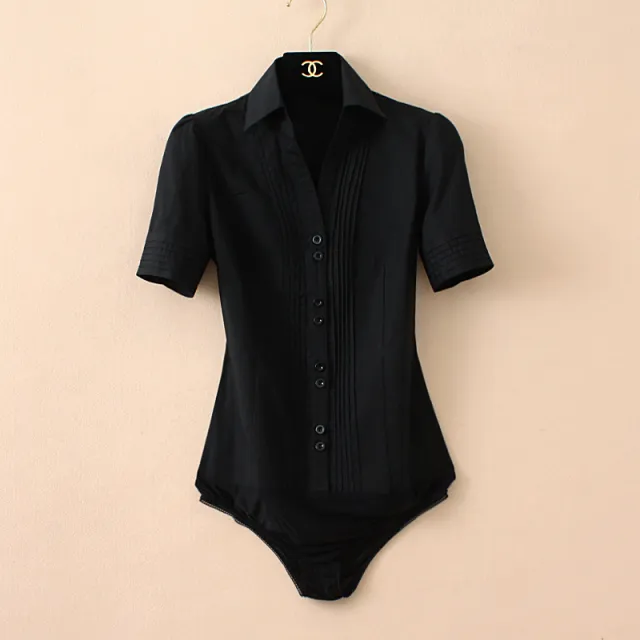 Women's Business Commute Professional One piece Cotton Shirt Short Sleeve Black Siamese - Shop at LoveMi