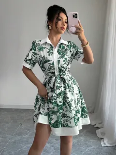Simplicity Waist-controlled Printed Lace Up Short Sleeve Dress - Green - View 1