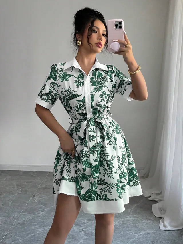 Simplicity Waist controlled Printed Lace Up Short Sleeve Dress Green - Shop at LoveMi