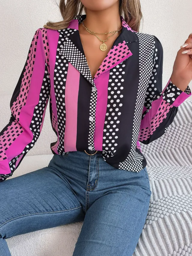 Contrast Color Polka Dot Suit Collar Long Sleeve Shirt Rose - Shop at LoveMi