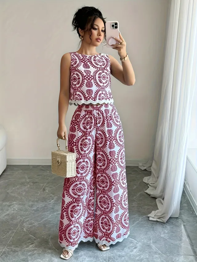Plant patterned Crew neck Sleeveless Top And Wide leg Pants Set With A Printed Design Red - Shop at LoveMi