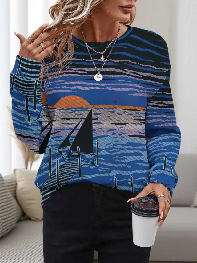 Women's 3D Printed Round Neck Pullover Leisure Loose Sweater Wa32Jl050717Y602 - Shop at LoveMi